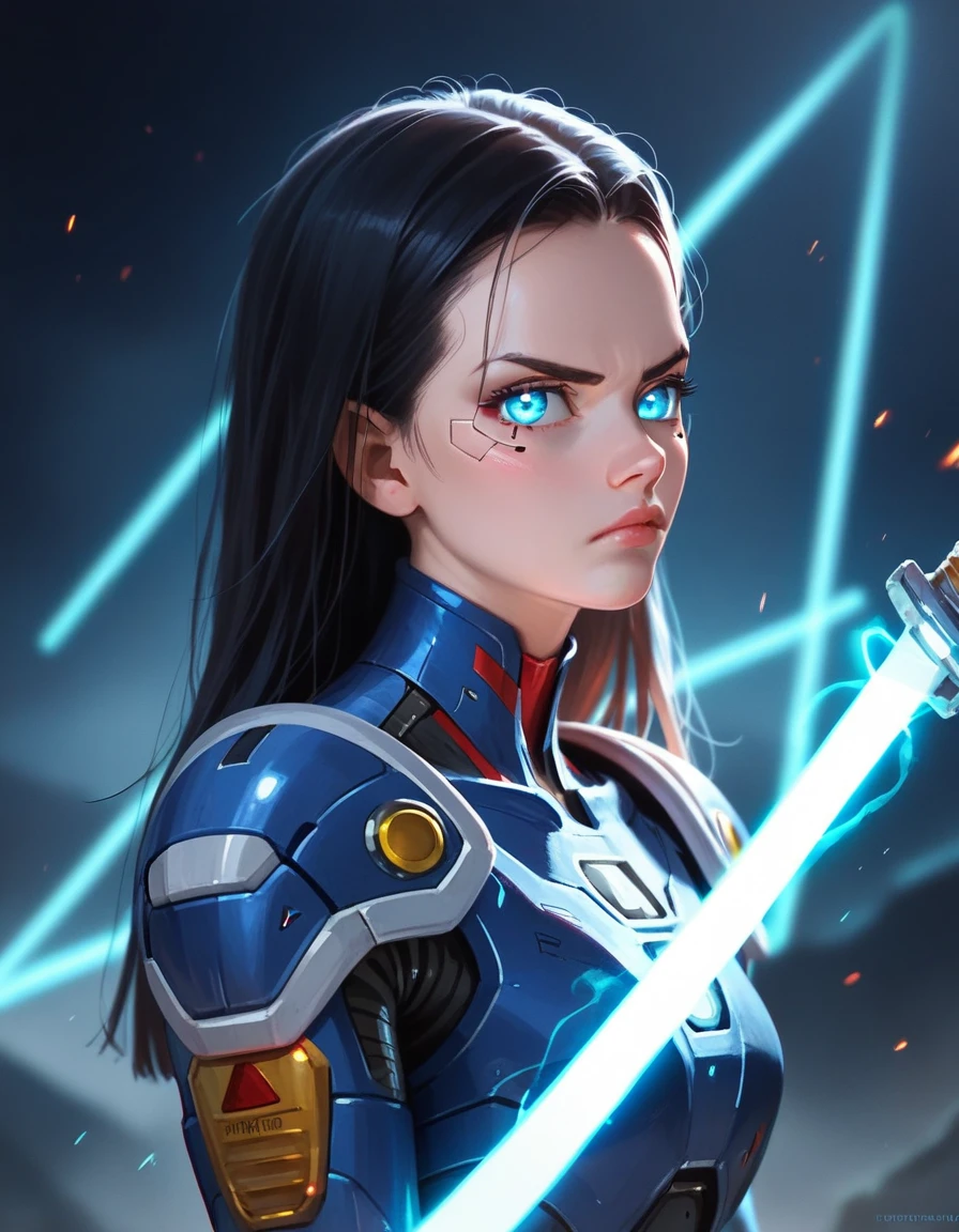 a dragon ball super trunks, detailed portrait, beautiful detailed eyes, beautiful detailed lips, extremely detailed face and features, long hair, sword, serious expression, futuristic cyberpunk city background, cinematic lighting, dramatic angles, intricate mecha-inspired armor, glowing energy effects, hyper detailed, 8k, photorealistic, cinematic, epic, masterpiece