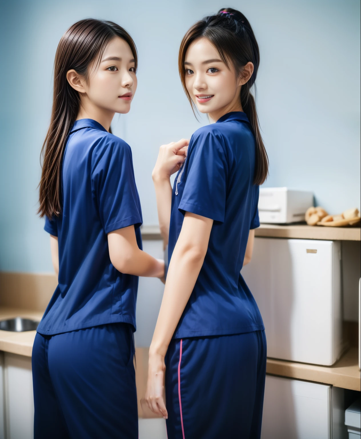 (best quality,10,10,height,Masterpiece:1.2),Special details,(realistic,ภาพrealistic,Realistic photos:1.37),1 Cute girl in the kitchen,shiny, ผิวshiny,only,smile softly,BDclothelue shirt:1.3)),short sleeve,shirt, กางเกงขาlong.,(navy_long_track pants:1.1), ((Kitchen Background)),Dynamic angle,excited,Face focus,dynamic poses,from behind,focus on ass,Masterpiece, best quality, ultra realistic, hyper detail, 8k resolution, raw photos, Sharp focus, ((Navy blue shirt:1.1)), short sleeve, เส้นทางlong, perfect body, 2 mature women, 18 years old, Cinema-grade lighting system,blue sweatpants,shirtผ้าออกกำลังกาย,correct ???????,perfect body, correct body, Sharp face, correct bodyทางกายวิภาค, full body, realistic gestures, long-haired, realistic poses,Wear long shorts...........................,ช่วงขาlong,Good shape,carved girl, Slender figure, model, Good shape, beautiful body,blue sweatpants, two girls kissing