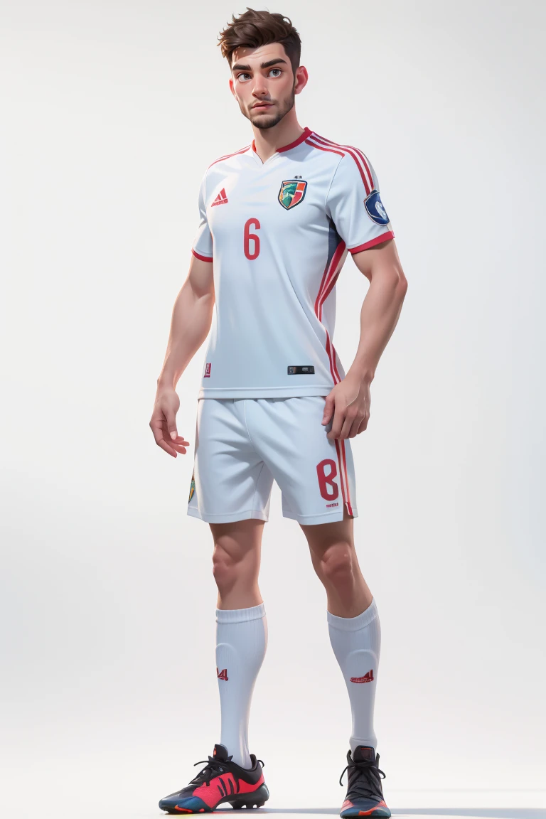 RAW photo,8k uhd,masterpiece, (photorealistic:1.4), best quality, beautiful lighting, 3D Art, C4D, OC render, Dušan Vlahović, (full body:1.5),a man, professional soccer player, sports shorts, soccer socks, soccer shoes, soccer ball, man model standing pose, lively, handsome, (white background:1.5)