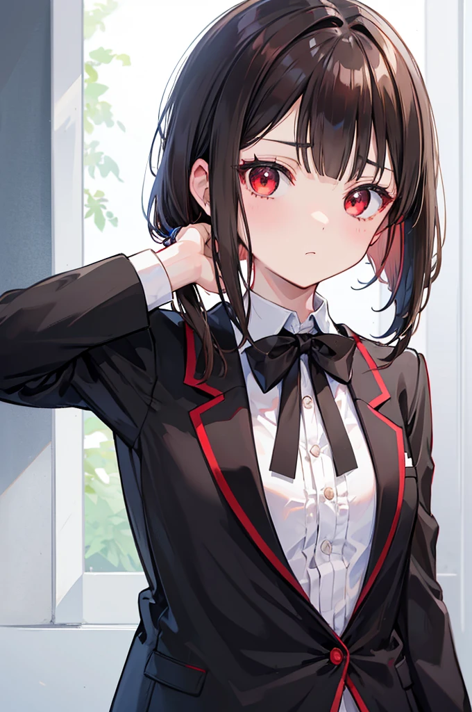 dark brown hair, short twintail, portrait, a cute girl, reticence, red eyes, disinterest, small breasts, Bored look, Bangs Garma, frill shirt, black tie, blazer