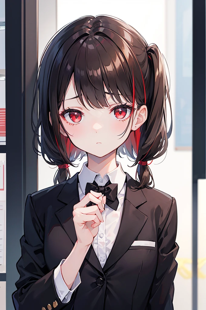 a woman in a suit, looking down at viewer with narrowed eyes, she is smoking a cigarette, beautiful, red eye, black hair, wolf hair cut, low angle view