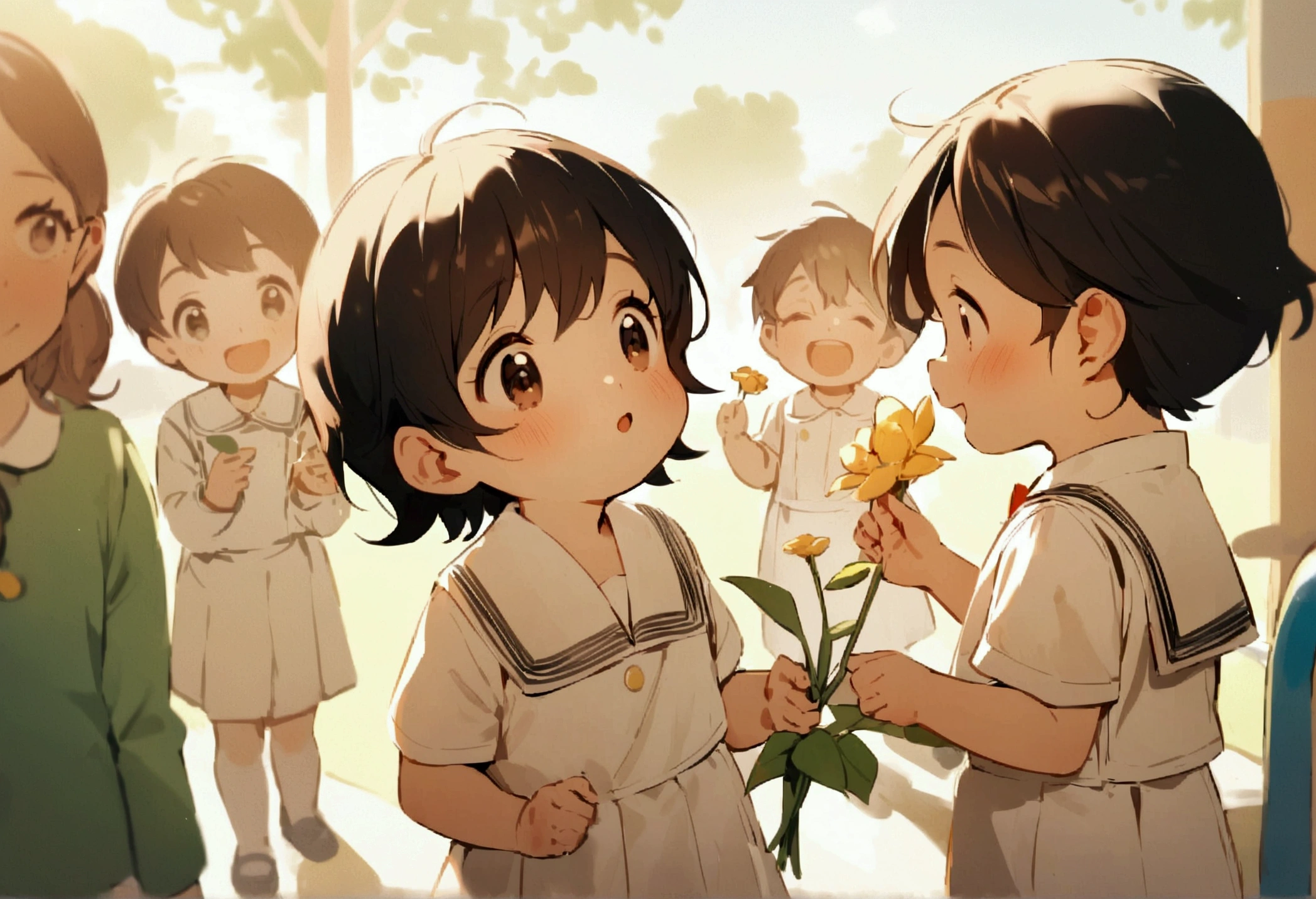 Candid. 2 years old children wearing white sailor Pre-School uniform, happy face, gossiping with his friends, holding flower, wearing shoes. In kindergarten playground.