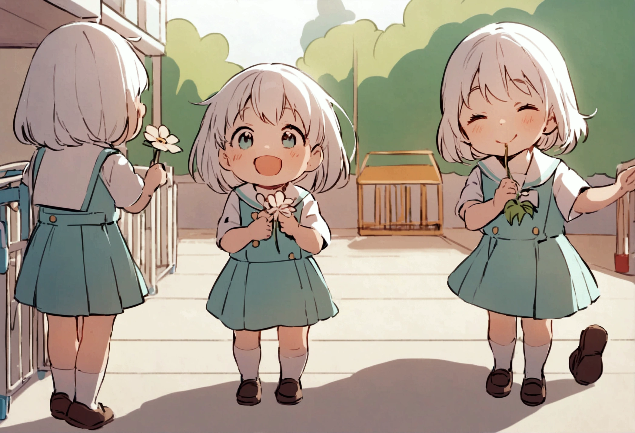 Candid. 2 years old children wearing white sailor Pre-School uniform, happy face, gossiping with his friends, holding flower, wearing shoes. In kindergarten playground.