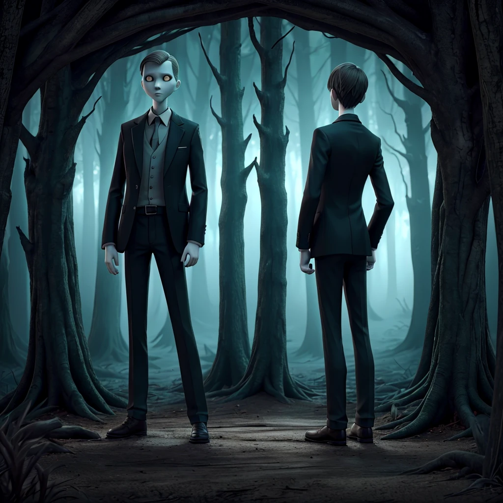 Create a high definition (Full HD) image of Slenderman. The image should have a dark and haunting tone, with dramatic lighting and realistic details. Slenderman must be prominent, in a threatening pose, with his tall, slender figure, faceless and with his characteristic tentacles coming from his back. The background must be dark and mysterious, with elements that refer to a scary environment, such as a forest or an abandoned setting. The image must be striking and visually appealing, perfect for the cover of a horror video