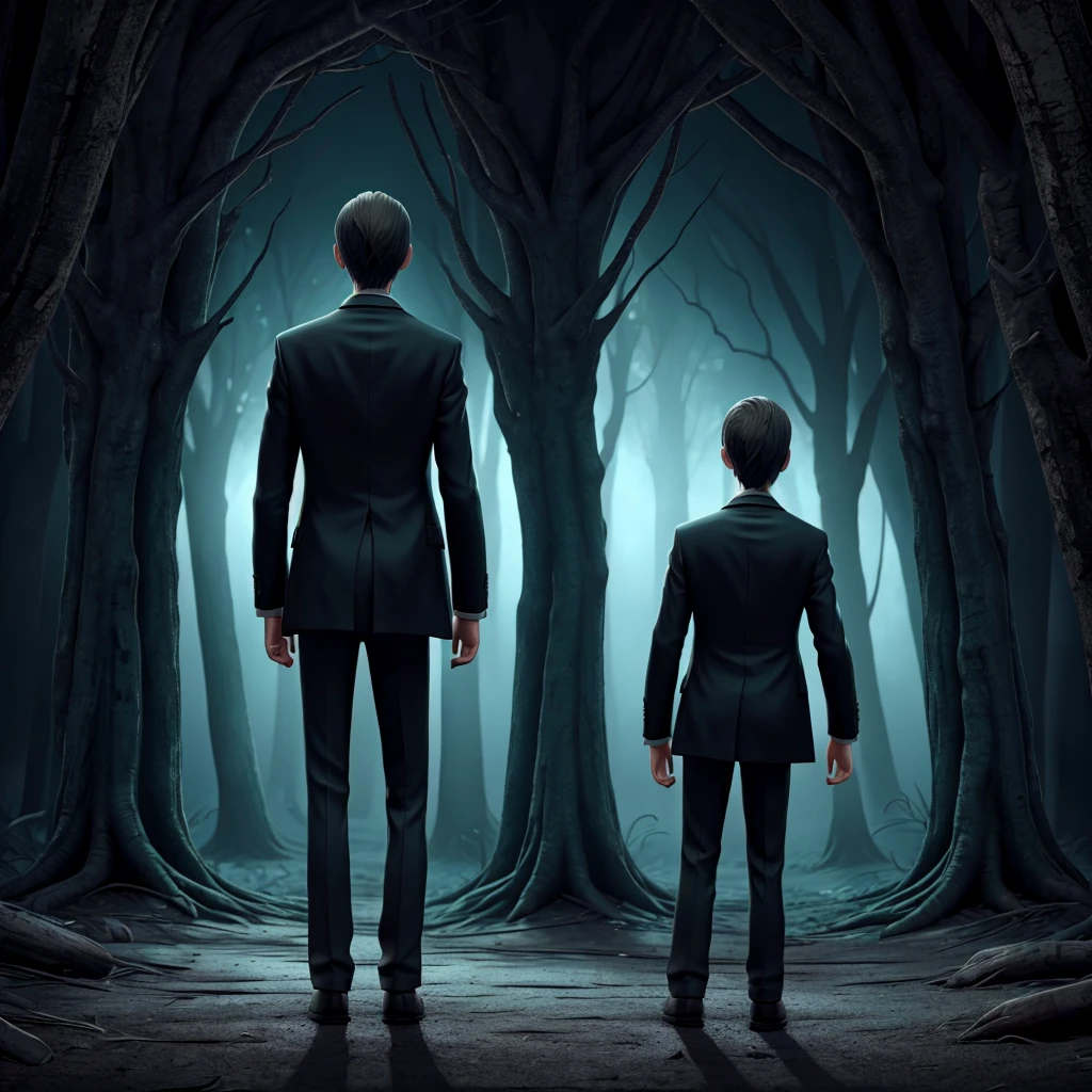 Create a high definition (Full HD) image of Slenderman. The image should have a dark and haunting tone, with dramatic lighting and realistic details. Slenderman must be prominent, in a threatening pose, with his tall, slender figure, faceless and with his characteristic tentacles coming from his back. The background must be dark and mysterious, with elements that refer to a scary environment, such as a forest or an abandoned setting. The image must be striking and visually appealing, perfect for the cover of a horror video