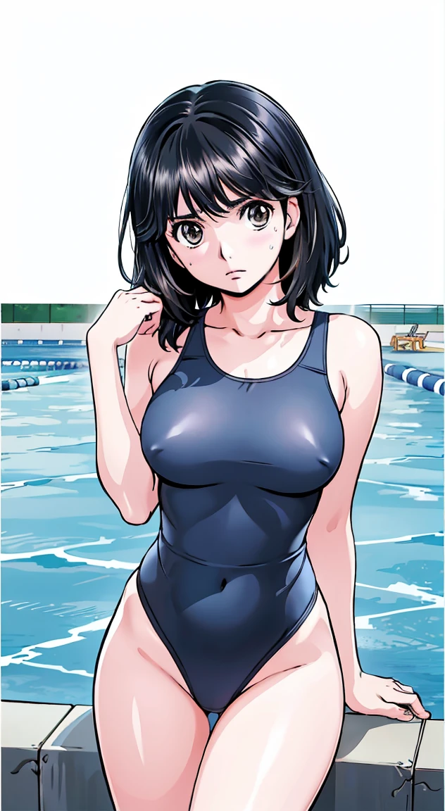 Black Hair、(Shoulder-length hair、Black Hair)、Navy blue competitive swimwear、(Highest quality:1.3)、One girl、(((Shoulder-length hair、Black Hair)))、Cowboy Shot、At the school pool、Naked butt、Big Ass、Sweat、masterpiece, Highest quality, High resolution, 超High resolution, RTTX 10.0, Pixel perfect, Written boundary depth, 4K, Very detailed、Embarrassed expression、Browsing Caution、Open navy blue swimsuit、