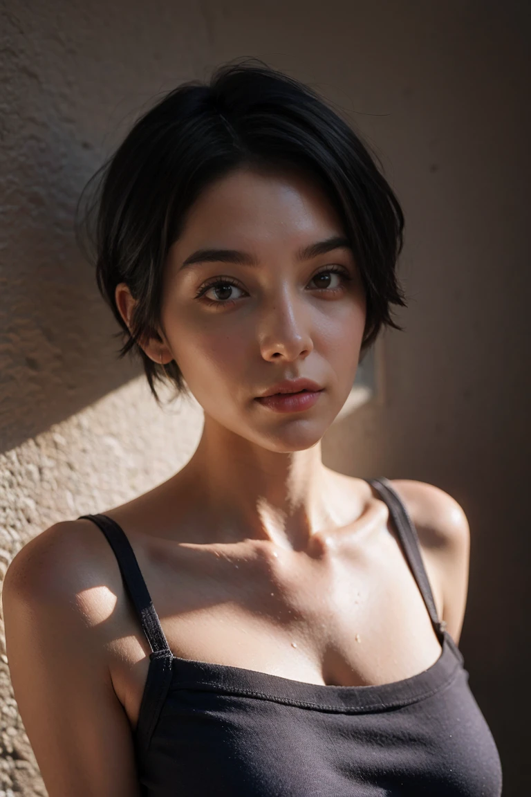 Best quality, masterpiece, ultra high res, (photorealistic:1.5), raw photo, 1girl, offshoulder, in the dark, deep shadow, low key, cold light, sexy look, short hair, show armpit