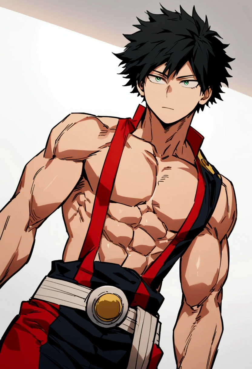 He is a , He has slightly disheveled very black hair..., somewhat light green eyes, (front angle ) , muscular body , He is dressed in the anime uniform. "my hero academia", with an open jacket, showing off your abs and defined chest