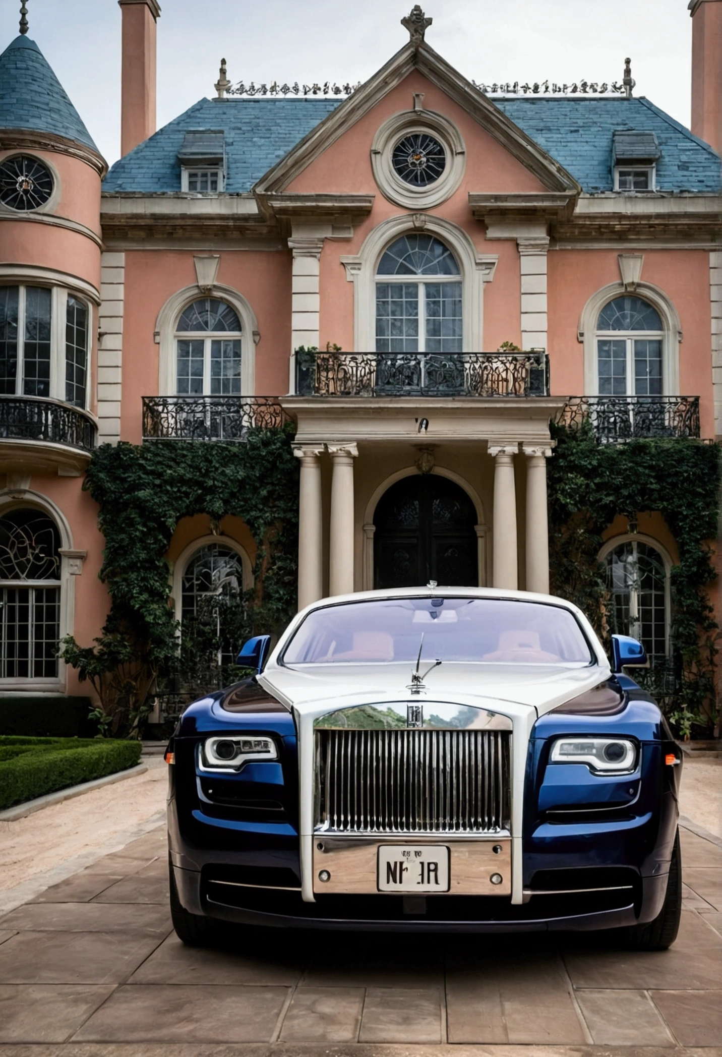 Un rolls royce in front of naked mansion