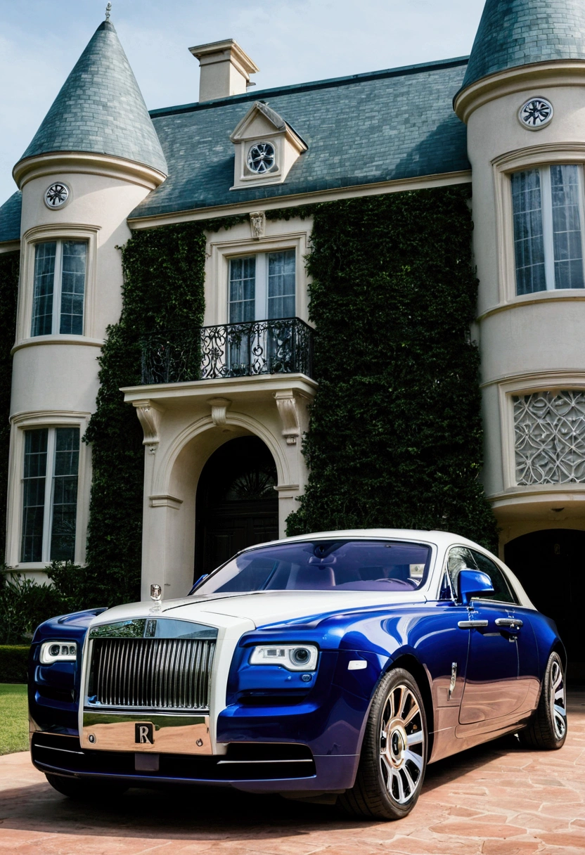 Un rolls royce in front of naked mansion
