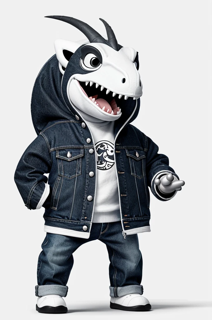 Prompt: black and white, full body cute dinosaur, cartoon character, wearing a jeans jacket, line style, happy, white background, sharp focus --v 4