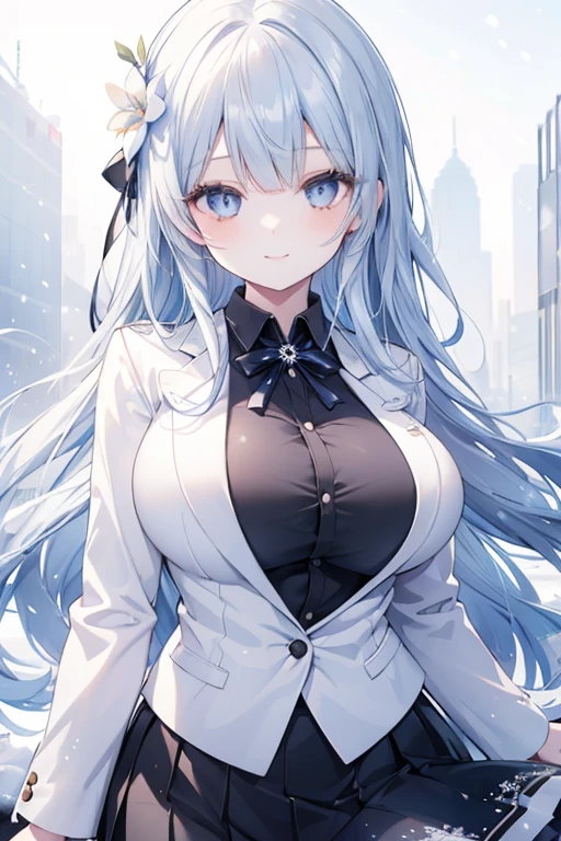 ((obra maestra)), ((mejor calidad)), (ultra detallado), ((extremadamente detallado)), 4k, (8K), mejor calidad, (Hermoso), estilo animado, mirar hacia arriba desde abajo, bar, noche, a pretty girl, 1 chica, solo, traje, Hermoso rainbow hair, Hermoso blue eyes, ((Hermoso eyes)), De piel blanca, pendientes, collar, sonrisa