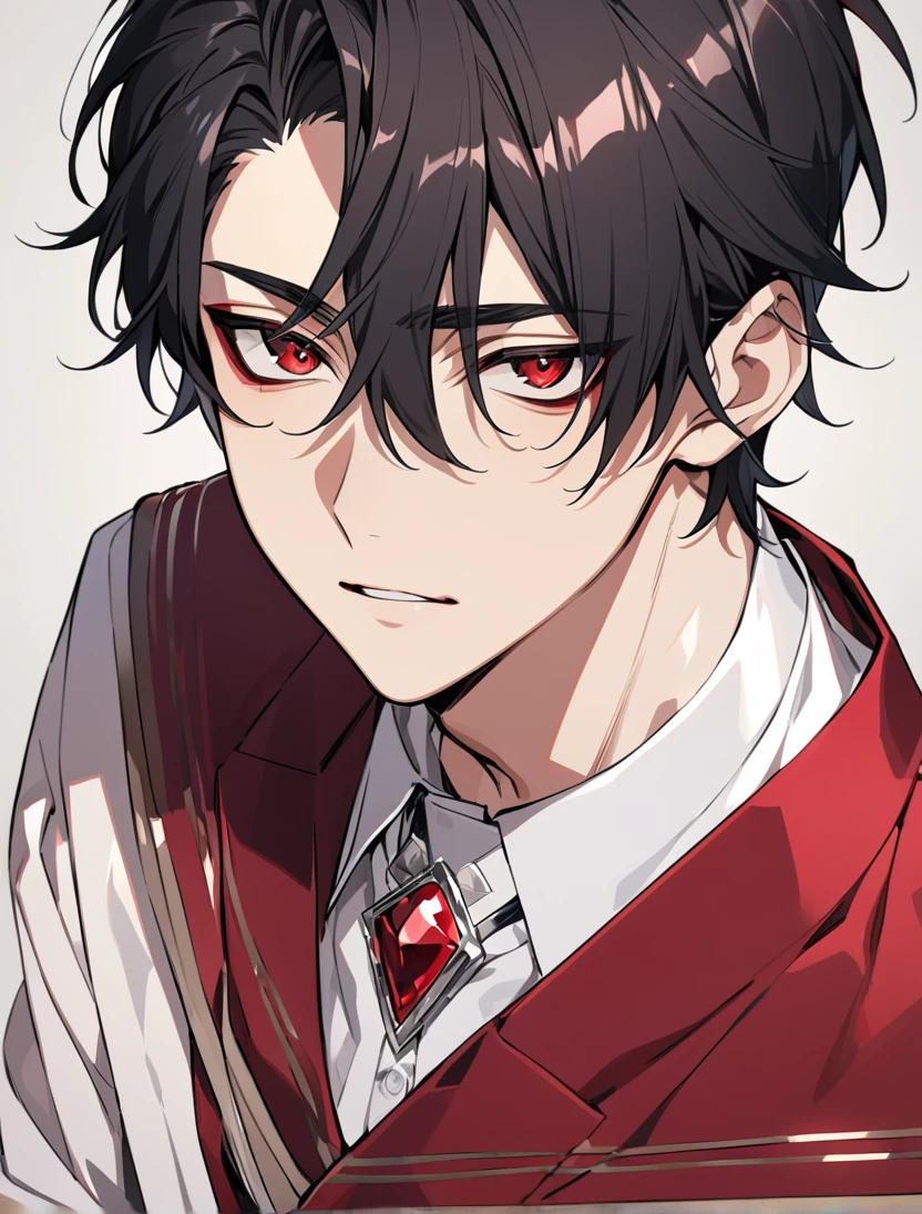 (black_hair), (short_hair), (deep_red_eyes), (Handsome), (Attractive), (male), (unique_highschool_uniform), (detailed_Hair), (detailed_mouth), (r), (dark_under_eyes), (gem_like_eyes), (japanese)