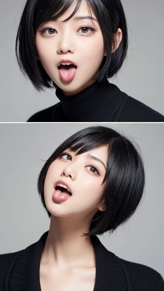 Shortcuts, Black Hair, Simple Background, Sticking out tongue, High resolution, Slanted Eyes,