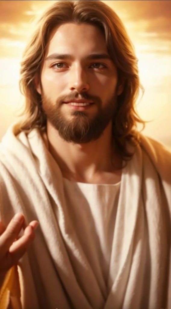 A captivating portrait photograph of Jesus Christ, captured from the waist up, exuding serenity and grace. His gentle eyes, full of compassion and wisdom, gaze softly at the viewer, creating a sense of peace and connection. His hair flows naturally around His shoulders, and a soft, radiant light surrounds Him, enhancing His divine presence. The background is a blend of soft, warm tones, evoking a heavenly atmosphere. The overall effect is a powerful, inspiring representation of love and divinity, perfect for creating a talking character for Christian evangelical videos. The image should be beautiful, perfect, serene, and cativating., photo