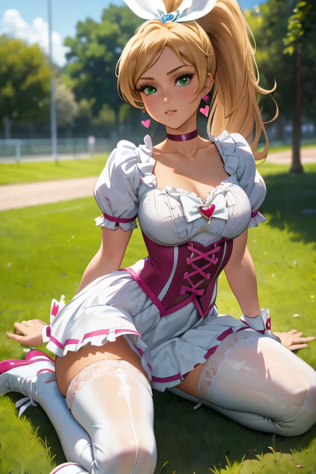 ((parc en ville)), gros seins, jambes grasses, (extremely fine and beautiful:1.1), (perfect details:1.1), (finely detailed eyes and detailed face:1.3), (sexy pose: 1.2), Cure Rithm, grey pantyhose, brown pantyhose, blonde hair, long hair, wide ponytail, green eyes, white choker, choker, heart earrings, ribbon, cure rhythm dress, puffy short sleeves, brooch, arm warmers, wrist cuffs, white boots, knee boots,