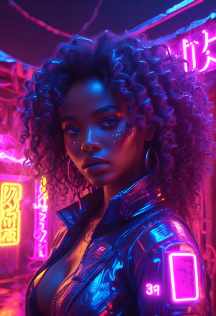 Standing next to an African-style hut lit with cyberpunk neon lights、Beautiful black woman with curly hair, Neon lights illuminate the scene, at night, Cyberpunk art, 32K, Ultra HD, Unreal Engine Rendering, Cinema Lighting 