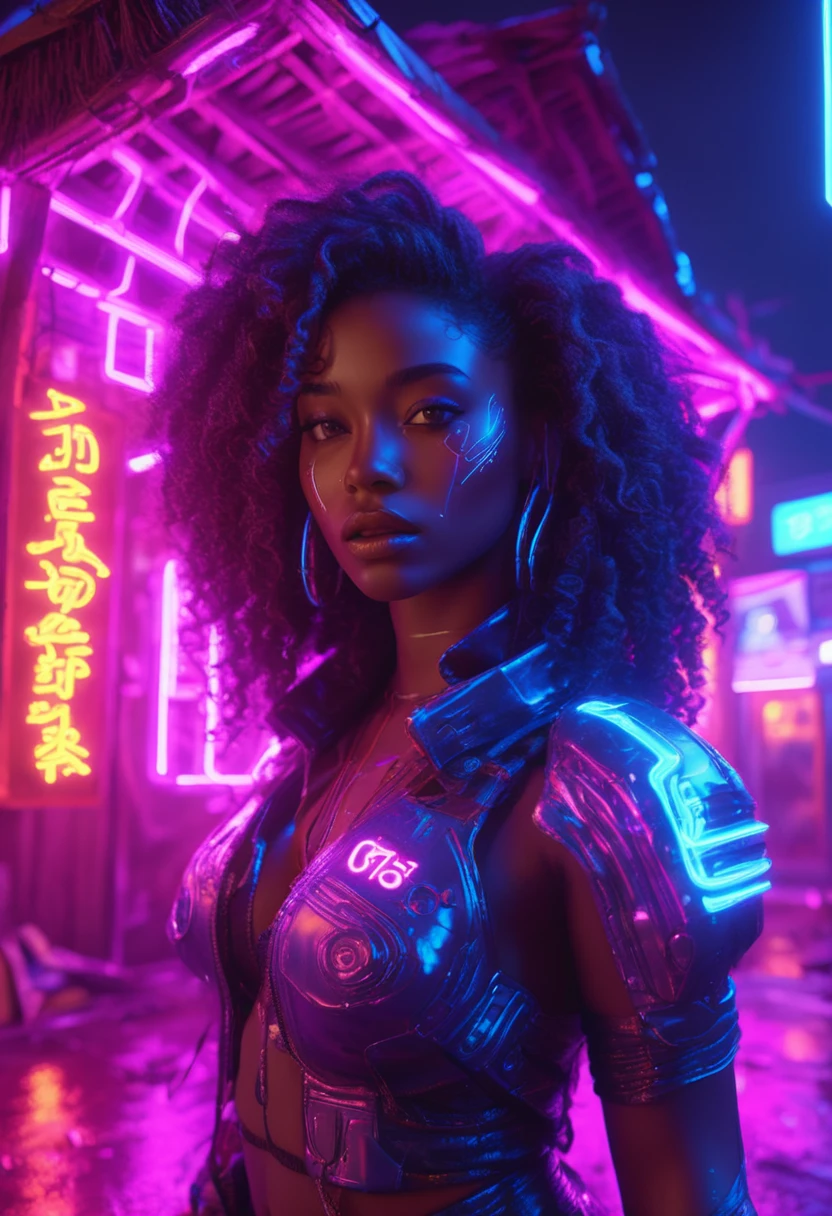 Standing next to an African-style hut lit with cyberpunk neon lights、Beautiful black woman with curly hair, Neon lights illuminate the scene, at night, Cyberpunk art, 32K, Ultra HD, Unreal Engine Rendering, Cinema Lighting 