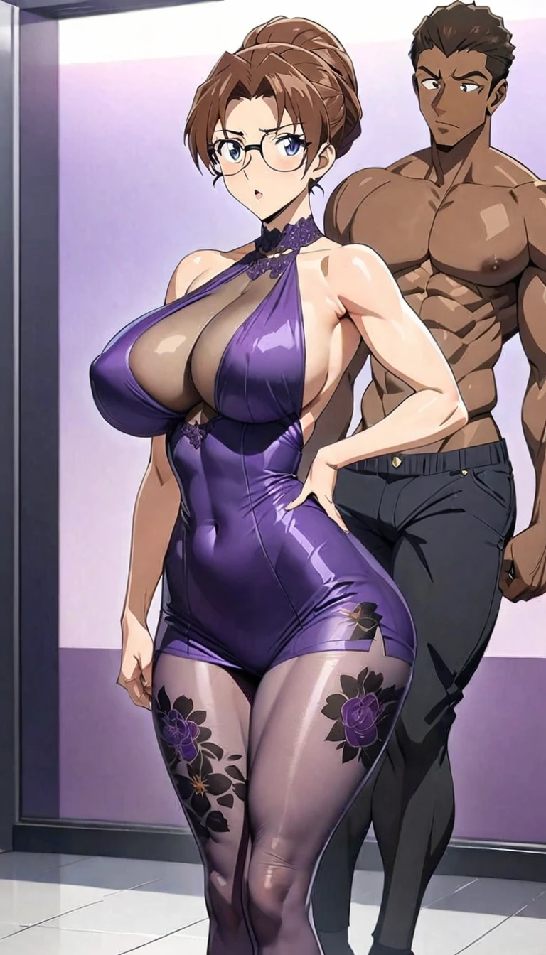 Best quality,masterpiece,brown hair,Purple evening dress,Big breasts,Perfect body,full-body shot,Cool poster,Wearing glasses,36 mature beauties,Single player anime style,seduces a young blackman,(strong and naked black man,short pants,muscle body,bodybuilder),(a young mom with big breasts,narrow waist,bare shoulders,(Purple evening dress, transparent black pantyhose, floral print, naked)