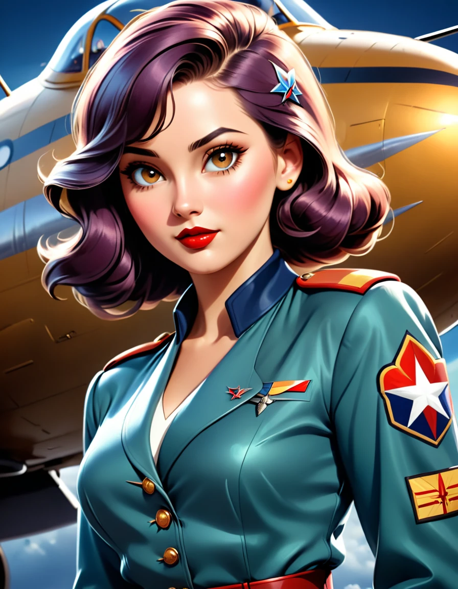 a beautiful woman, art deco style, world war 2 bomber nose art, intricate details, highly detailed, photorealistic, dramatic lighting, vibrant colors, cinematic composition, stunning facial features, alluring expression, elegant hairstyle, vintage military uniform, detailed textures, glossy metallic accents, dynamic pose, atmospheric background, cinematic lighting, masterpiece
