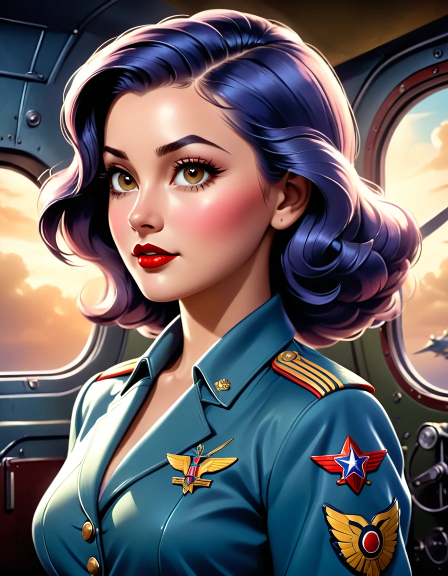 a beautiful woman, art deco style, world war 2 bomber nose art, intricate details, highly detailed, photorealistic, dramatic lighting, vibrant colors, cinematic composition, stunning facial features, alluring expression, elegant hairstyle, vintage military uniform, detailed textures, glossy metallic accents, dynamic pose, atmospheric background, cinematic lighting, masterpiece