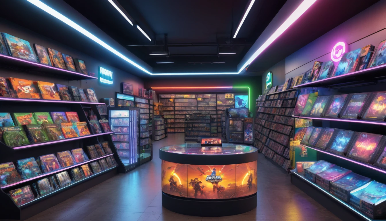 a video game store, detailed interior of a video game shop, aisle's of video games, shelves of video games, neon lights various game consoles, action figure aisle , gaming peripherals, bright and vibrant lighting, detailed textures, realistic 3D rendering, hyper realistic, photorealistic, dramatic lighting, moody atmosphere, dynamic composition, warm color tones, volumetric lighting, detailed reflections, intricate details, high resolution, best quality, 8k, masterpiece