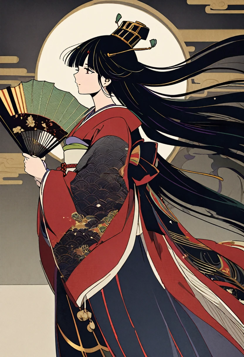 "A Heian period woman depicted in the Yamato-e style of traditional Japanese painting. She has long, straight black hair flowing down her back and is wearing a luxurious jūnihitoe, a multi-layered kimono with intricate patterns and vibrant colors such as red, purple, and gold. The setting is a traditional Japanese room with shoji screens and tatami mats, softly lit by natural light. The woman has an elegant and serene expression, her hands gracefully holding a fan. The overall image is rendered with the delicate lines and rich colors typical of Yamato-e, emphasizing the peaceful and refined atmosphere of the Heian era.",