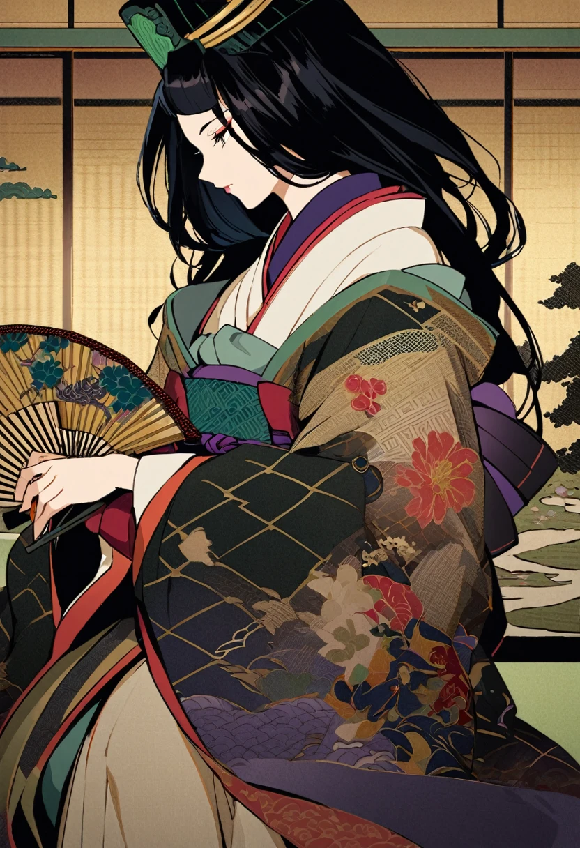 "A Heian period woman depicted in the Yamato-e style of traditional Japanese painting. She has long, straight black hair flowing down her back and is wearing a luxurious jūnihitoe, a multi-layered kimono with intricate patterns and vibrant colors such as red, purple, and gold. The setting is a traditional Japanese room with shoji screens and tatami mats, softly lit by natural light. The woman has an elegant and serene expression, her hands gracefully holding a fan. The overall image is rendered with the delicate lines and rich colors typical of Yamato-e, emphasizing the peaceful and refined atmosphere of the Heian era.",
  
