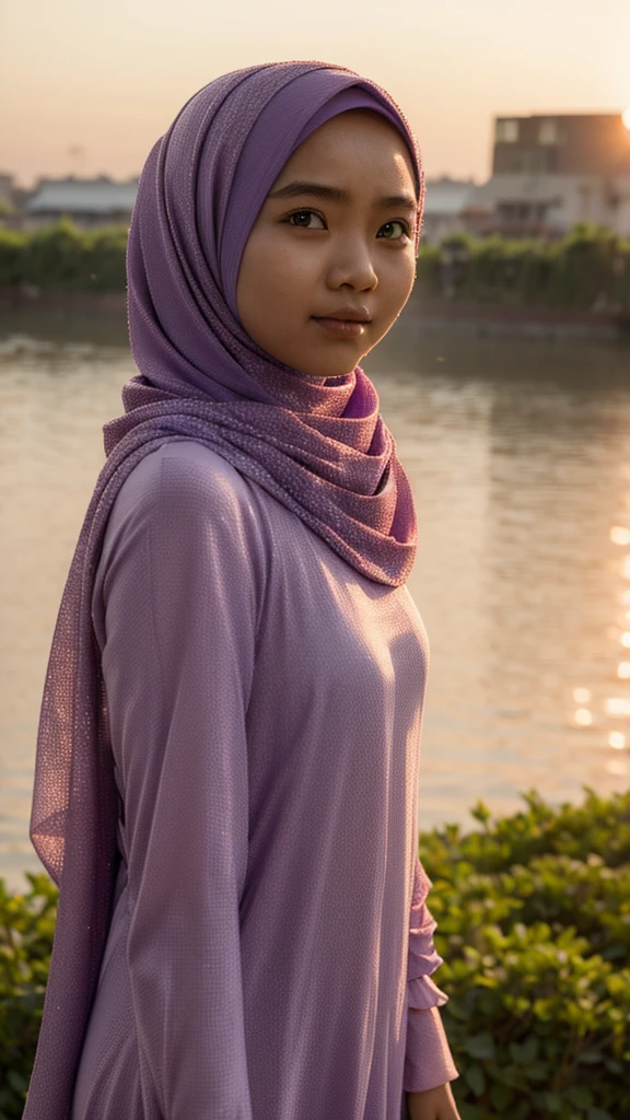 masterpiece, best quality, movie still, 1 indonesian girl in lilac hijab, cloud girl, floating in the sky, close-up, bright, happy, warm soft lighting, sunset, (sparks:0.7)