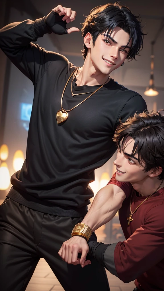 A black haired anime style man, light brown eyes, dark blue sweatshirt, Red shirt, gold heart necklace, black fingerless gloves, black pants and in a fighting position smiling