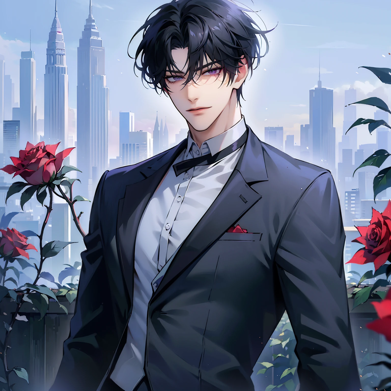 (masterpiece, 8k, high quality, best quality:1.6), 1boy, solo, short hair, black hair, asymmetrical fringe, purple eyes, handsome, sharp eyes, (mature male, mature:1.2), male focus, fashionable, tucked in open purple collared shirt, gray pants, necklace, outdoors, meadow, flowery field, smile, long eyelashes, soft shadows, perfect anatomy, holding a bouqet of red roses, spring season