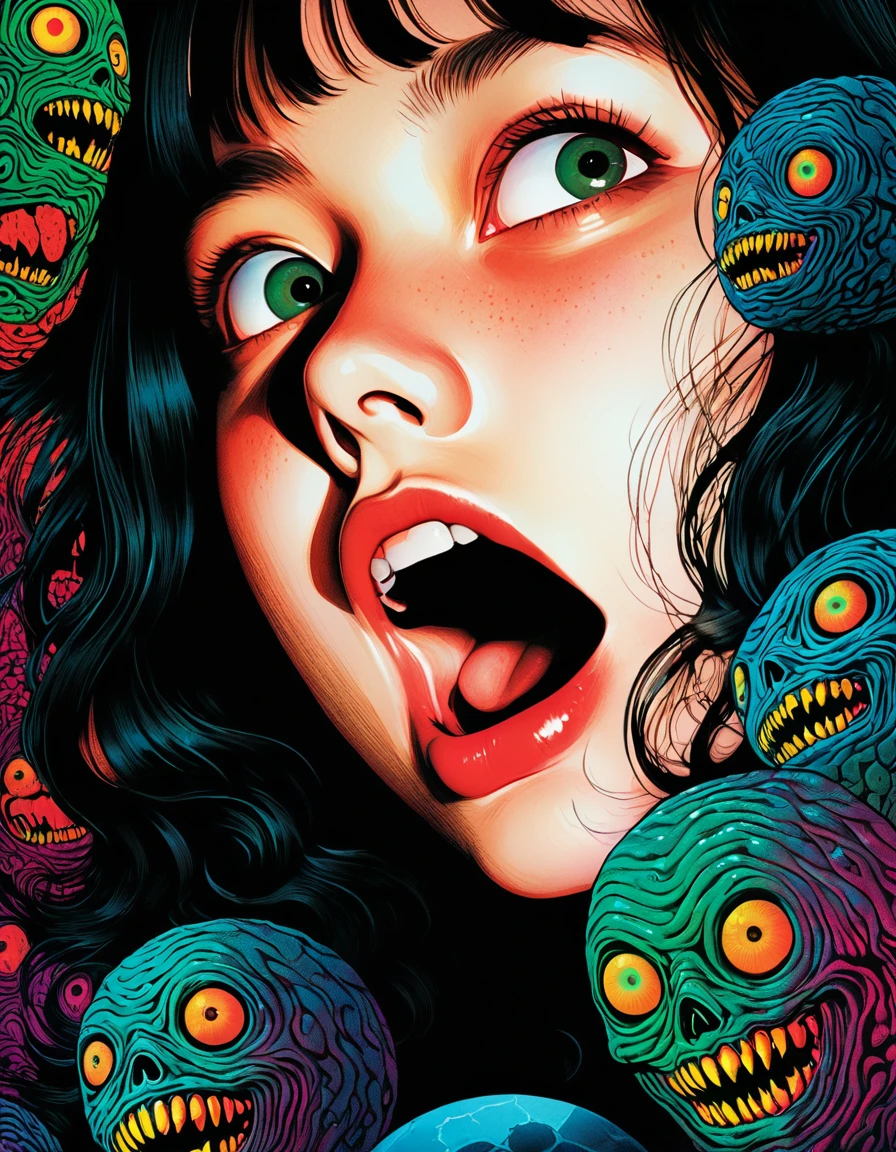 A cute woman, 50s clothing, has been caught by horror movie monster the Blob, she is encased in translucent slime that is dissolving her, mouth open to scream, body half dissolved
