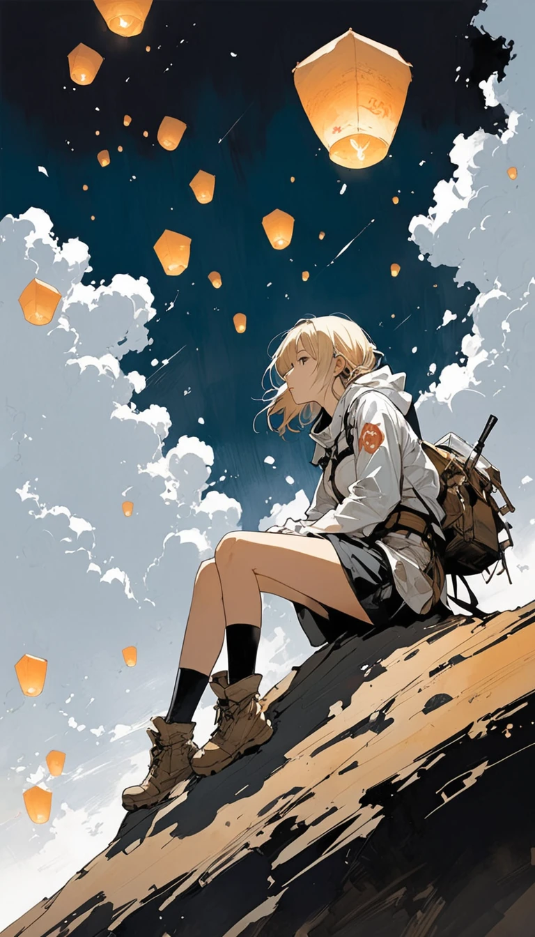 (Ashley Wood (Ashley Wood) style of:1.1), 
Girl on the cliff 1,Spread your knees apart，Bring your feet together,?,large areas of white space,sit,At the bottom of the screen,(look up:1.5),from the side,Look up,comics,，Wishing paper lanterns in the sky