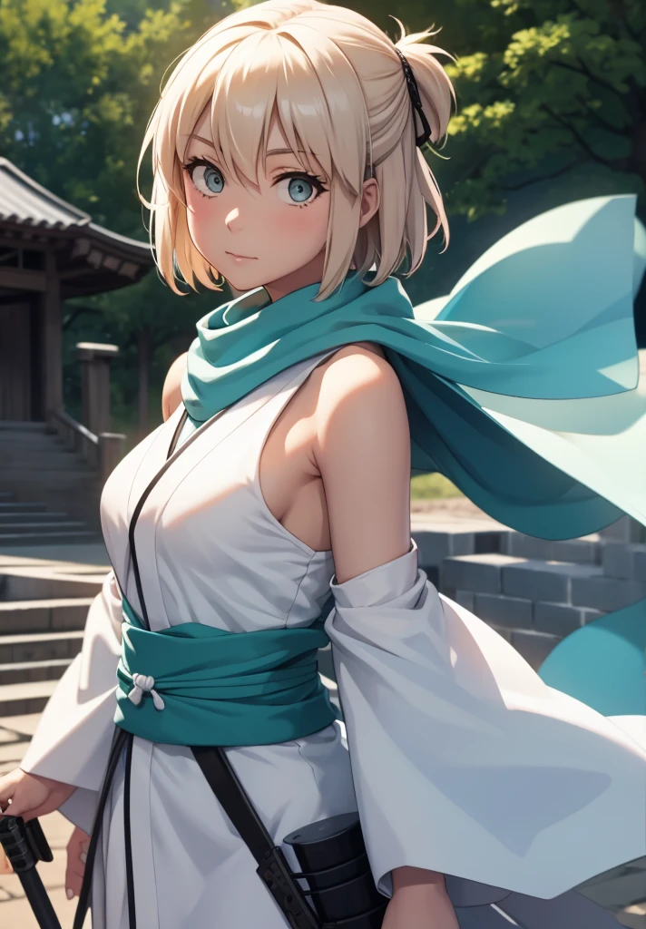 Best Quality, 1 girl, alone, okita_souji, white kimono, scarf, cowboy photography, outdoor, bare shoulders, bare shoulders, sleeveless, looking at the viewer, 