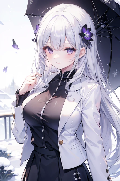 young girl, silver hair, purple eyes,beautiful and detailed eyes, big breasts, long hair, happy smile, black shirt,white blazer, black mini skirt, (snow scene, snow flowers)