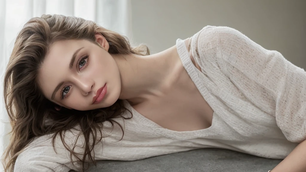 Fashion model 25 years old, [Close-up]]]], [[Chest]]]], [Neck]]]], [Shoulder]]]], perfect eyes, perfect iris, perfect lips, perfect teeth, perfect skin, soft front light, glow, HDR, (muted colors: 1.2)