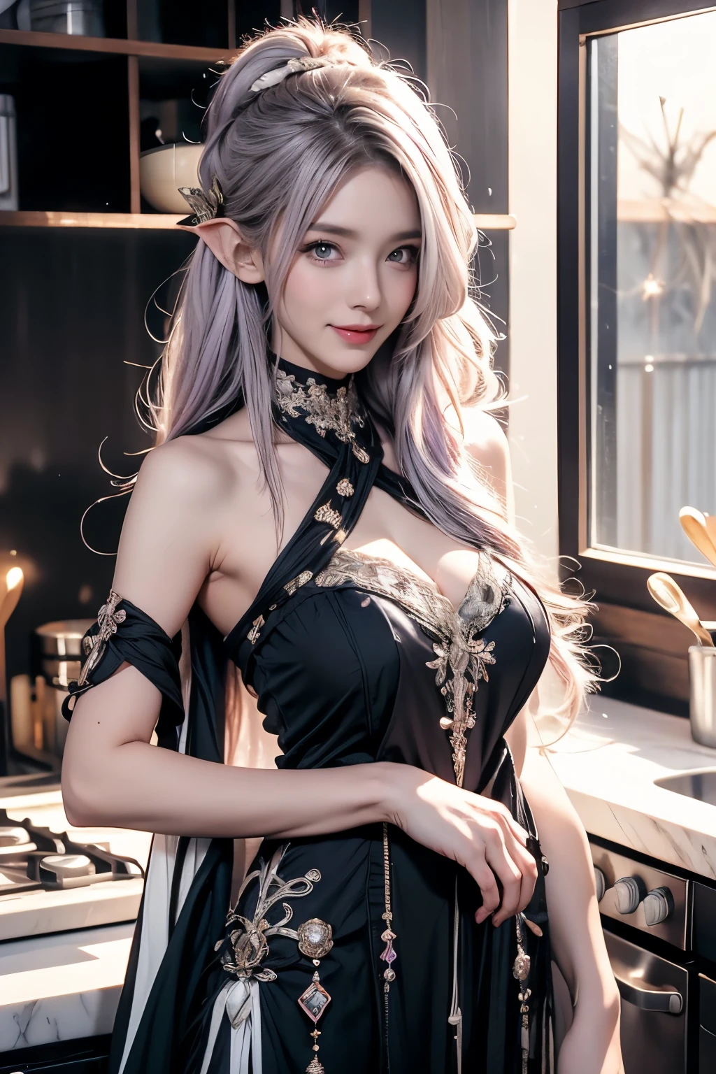 facing viewer, black and white maid dress, kitchen, open wide arms, adult, 1 girl, slut, slutty elf, toned skin, anime, standing, look at viewer, (light purple hair), straight hair, front view, best quality, highres, 8k, masterpiece, anatomically correct, super detail, textured skin, diamond face shape, so huge breast, fit body, beautiful, fantasy, anime style, anime painting, shy, timid, virgin