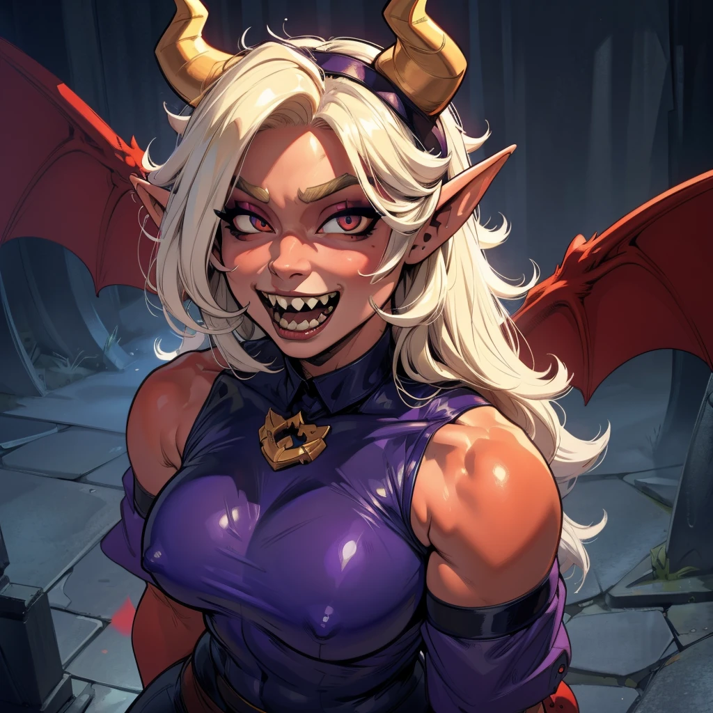 Rosto detalhado, grandes olhos, sharp teeth, hair over eyes, hairband, demon horns, demon wings, long hair, pointy ears, elf, very chubby, 8k, hd, hdr, long blonde hair, demon horns, makeup