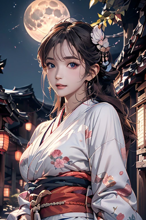 (Highest quality、 8k wallpaper、masterpiece、High resolution)、(whole body)、Beautiful girl in yukata、Ample breasts、(Highly detailed face and eyes、Beautiful Face、Beautiful Eyes、Beautiful nose、Pretty lips)、Japanese garden、Digital Art、Detailed Background、moonlight、Full moon in the sky、Detailed CG、