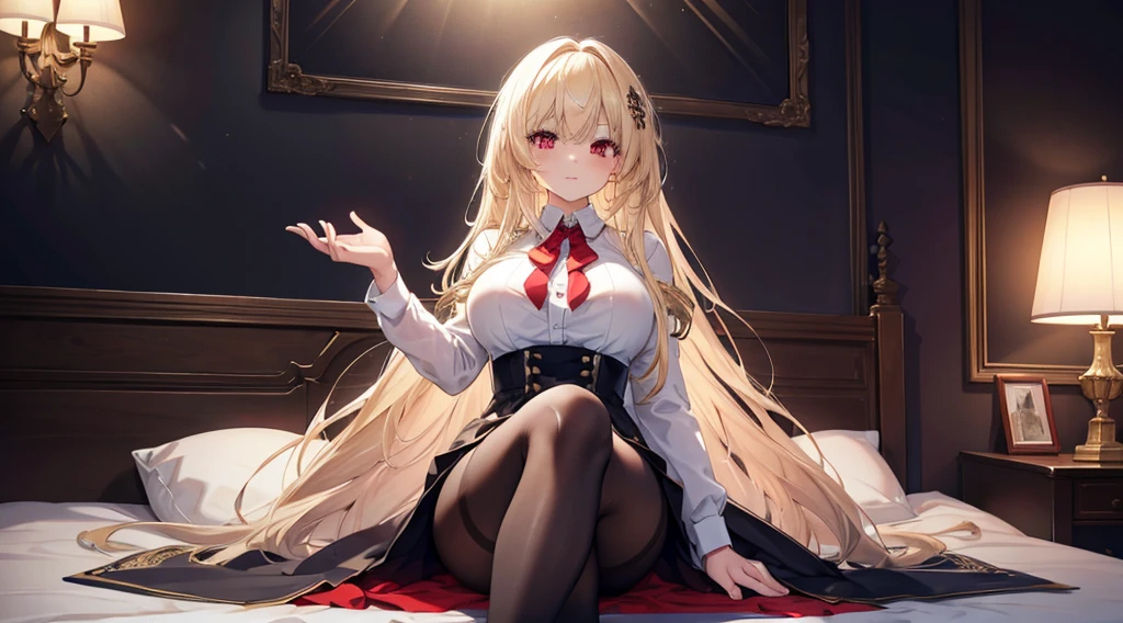 Highest quality, masterpiece, figure, wallpaper,One girl,White shirt, Light Hair, Beautiful detailed girl, Highly detailed eyes and face, Beautiful attention to detail, Shine,Browsing Caution, View your viewers, bed, night, Black Pantyhose, Straight hair, Red Eyes, long hair,Blonde, thick_Thighs, Large Breasts, Red eyes,Sitting,Highly detailed fingers,clear background