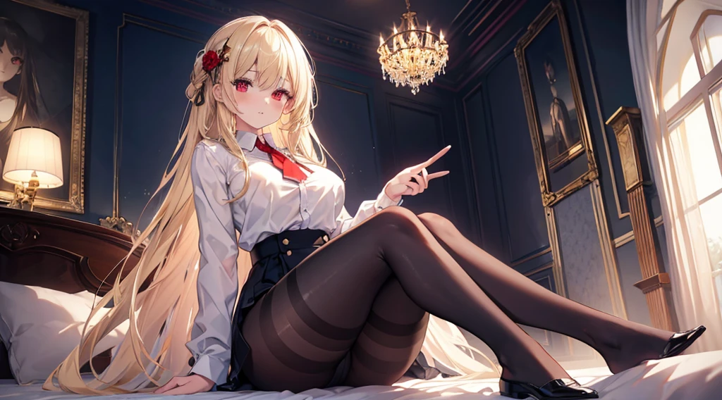 Highest quality, masterpiece, figure, wallpaper,One girl,White shirt, Light Hair, Beautiful detailed girl, Highly detailed eyes and face, Beautiful attention to detail, Shine,Browsing Caution, View your viewers, bed, night, Black Pantyhose, Straight hair, Red Eyes, long hair,Blonde, thick_Thighs, Large Breasts, Red eyes,Sitting,Highly detailed fingers,clear background