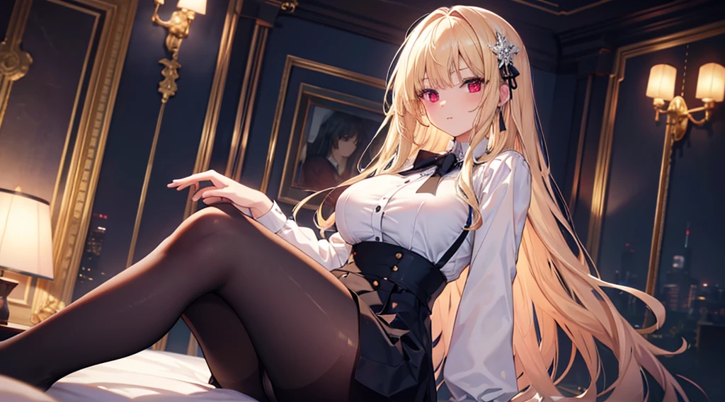 Highest quality, masterpiece, figure, wallpaper,One girl,White shirt, Light Hair, Beautiful detailed girl, Highly detailed eyes and face, Beautiful attention to detail, Shine,Browsing Caution, View your viewers, bed, night, Black Pantyhose, Straight hair, Red Eyes, long hair,Blonde, thick_Thighs, Large Breasts, Red eyes,Sitting,Highly detailed fingers,clear background