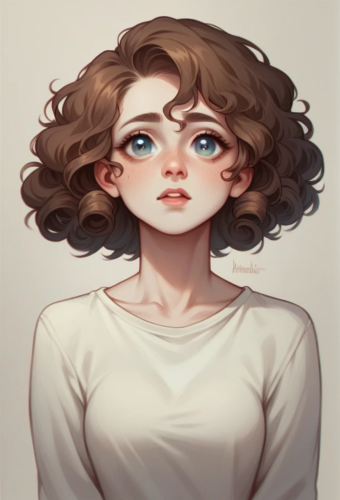A female character with white skin color, almond eyes and brown curly hair