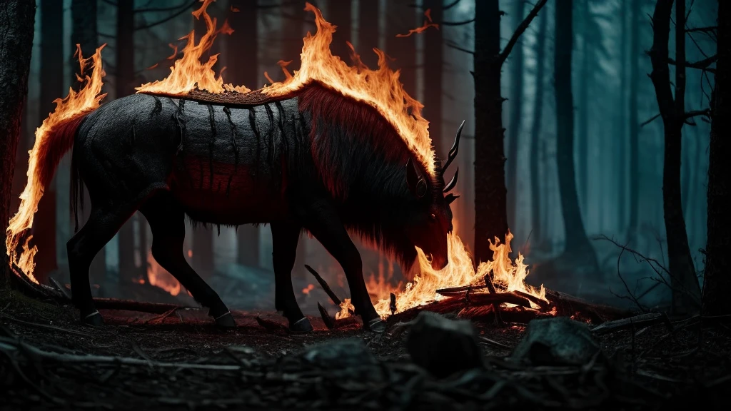 close-up dark forests on fire dead animals rpg style 4k cinemact flame trailer film