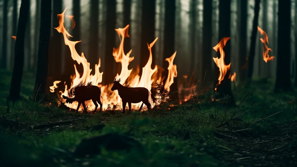 close-up dark forests on fire dead animals rpg style 4k cinemact flame trailer film