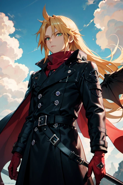 ((Best Quality)), ((Masterpiece)), (detailed), dark brown skin, Long yellow hair, bright green eyes, Organization XIII black trench coat, Red scarf, dark wing and worn red cape similar to Cloud Strife in his KH1 appearance.