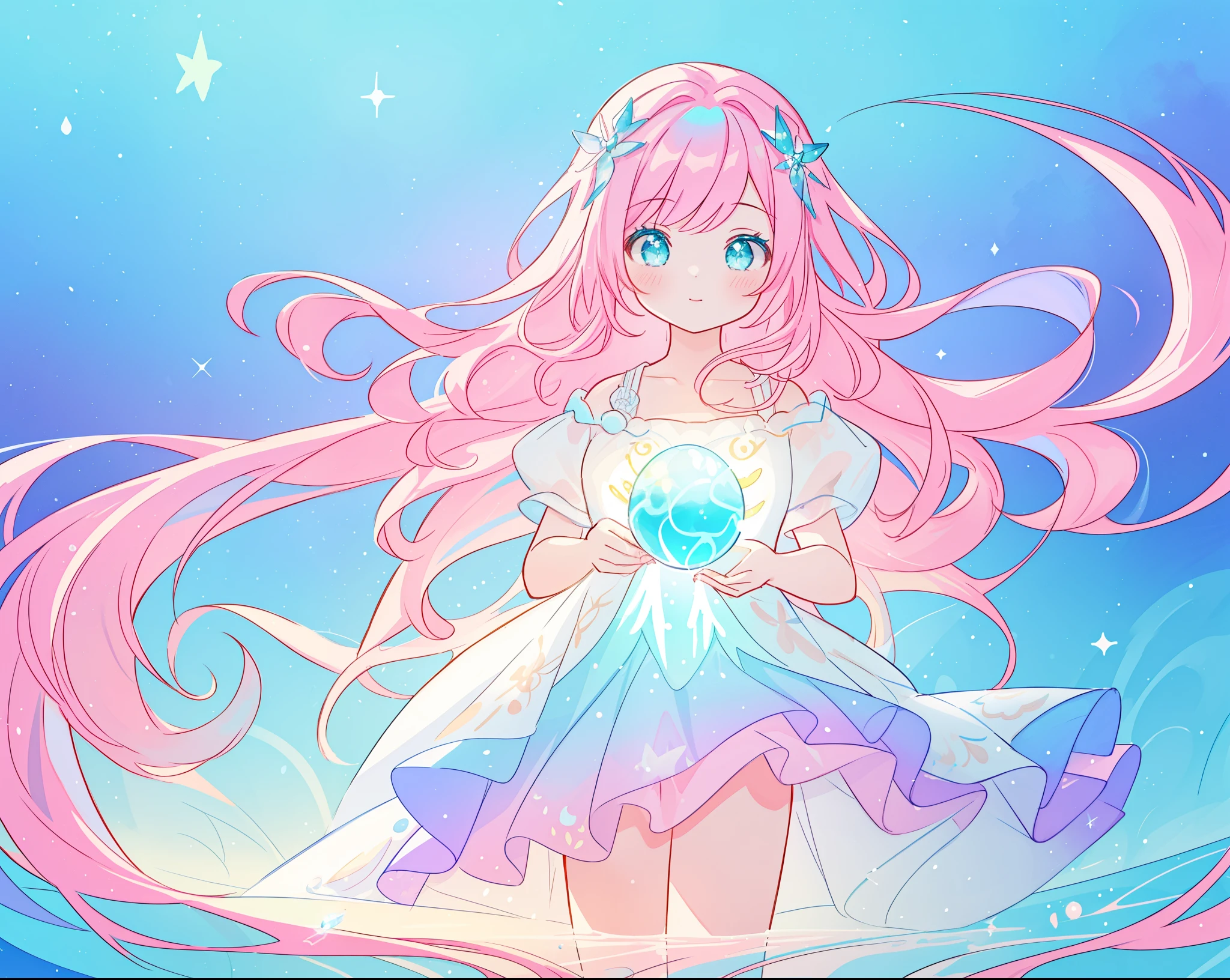 beautiful girl in sparkling white puffy dress, vibrant pastel colors, (colorful), magical lights, long flowing colorful pink hair, otherworldly aqua and blue landscape background, inspired by Glen Keane, inspired by Lois van Baarle, disney art style, by Lois van Baarle, glowing aura around her, by Glen Keane, jen bartel, glowing lights! digital painting, flowing glowing hair, glowing flowing hair, beautiful digital illustration, fantasia background, whimsical, magical, fantasy, beautiful face, ((masterpiece, best quality)), intricate details, highly detailed, sharp focus, 8k resolution, sparkling detailed eyes, liquid watercolor