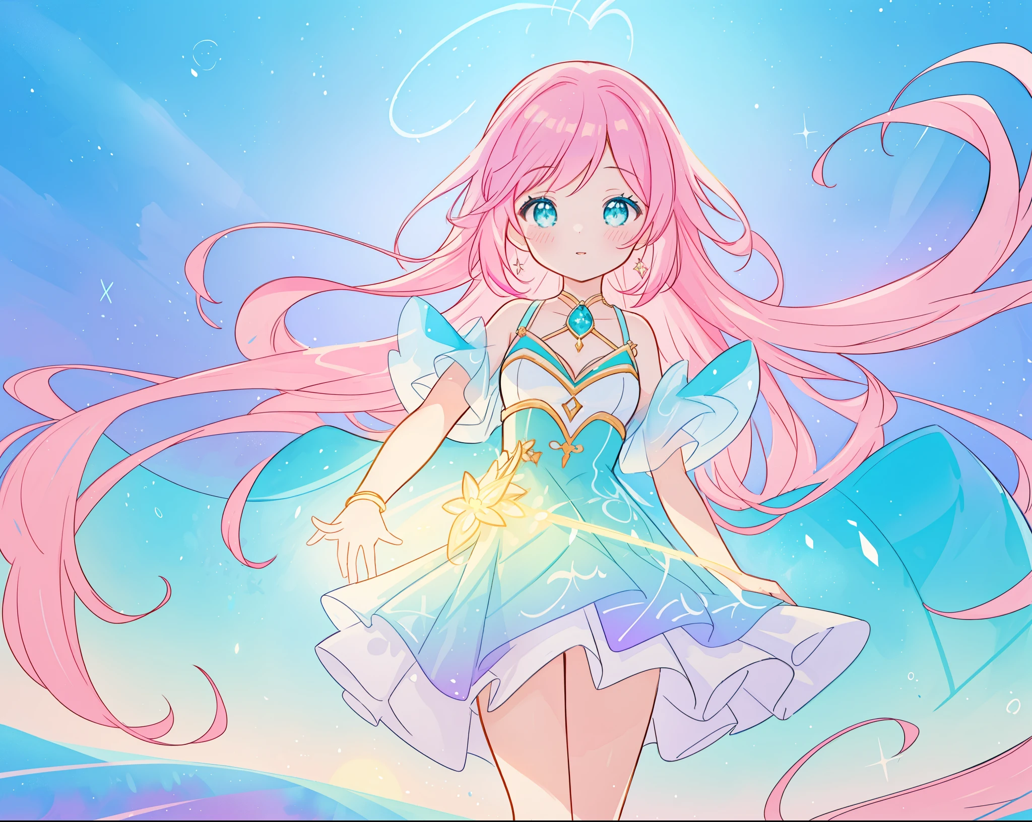 beautiful girl in sparkling white puffy dress, vibrant pastel colors, (colorful), magical lights, long flowing colorful pink hair, otherworldly aqua and blue landscape background, inspired by Glen Keane, inspired by Lois van Baarle, disney art style, by Lois van Baarle, glowing aura around her, by Glen Keane, jen bartel, glowing lights! digital painting, flowing glowing hair, glowing flowing hair, beautiful digital illustration, fantasia background, whimsical, magical, fantasy, beautiful face, ((masterpiece, best quality)), intricate details, highly detailed, sharp focus, 8k resolution, sparkling detailed eyes, liquid watercolor