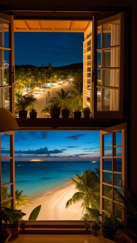 A tropical beach seen from a window　Night view