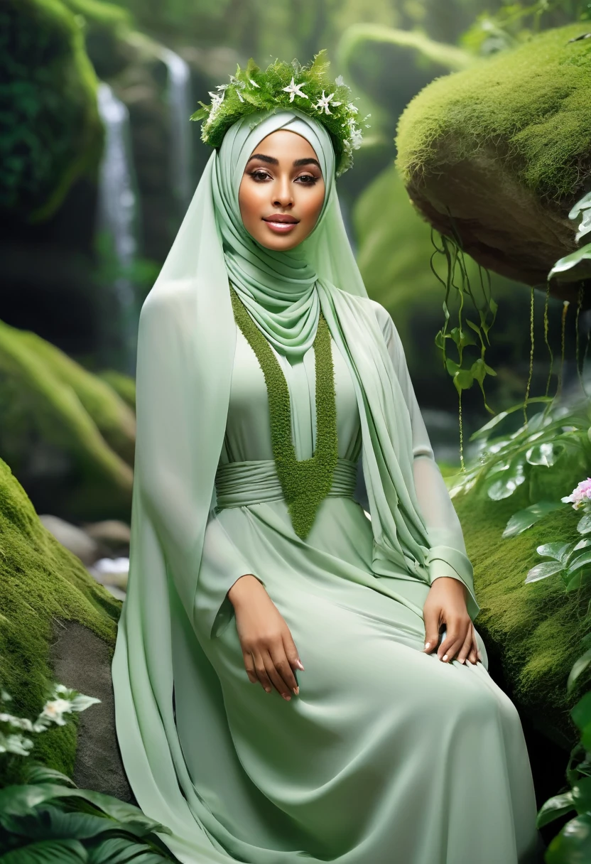 A serene, feminine figure seamlessly integrated into a lush, natural landscape. The figure's smooth, peaceful face should have soft smile,hijab decoration, exuding tranquility. Her long hijab should transform into a cascading waterfall, merging naturally with the surrounding greenery and rocks. The landscape should be covered in dense, green moss or foliage that blends seamlessly with the figure, forming part of her attire. Adorn her head with a crown or wreath made of flowers or leafy vines, enhancing the harmonious theme. The backdrop should consist of rugged cliffs and more greenery, emphasizing the natural setting. Aim to evoke a sense of unity with nature, symbolizing the deep connection between humans and the natural world.